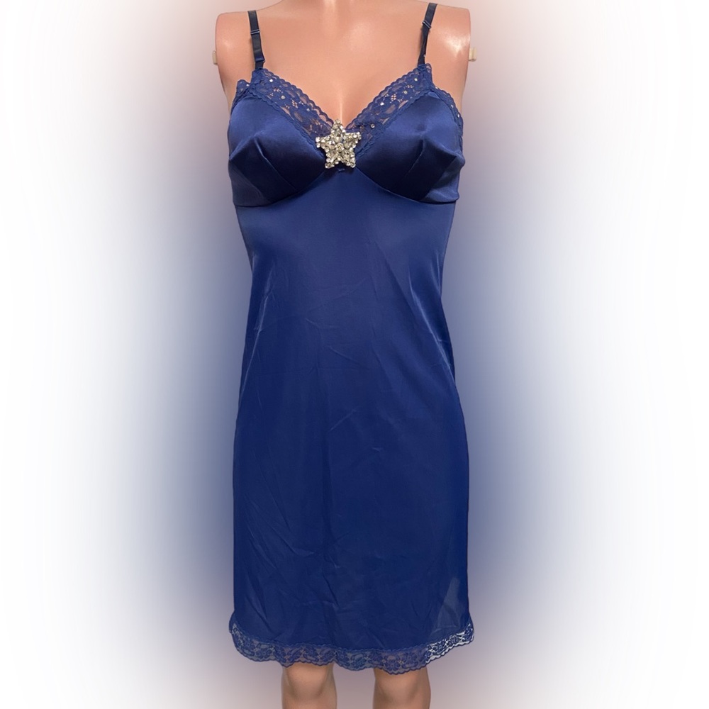 Vintage Vanity Fair Y2K Navy Slip Rhinestone Star & Store Decor Nylon Dress 32